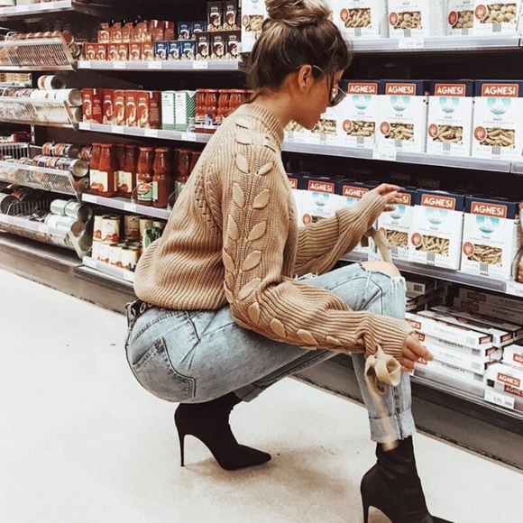 Lace Up Sleeve Knit Tan Sweater - Picture 3 of 8